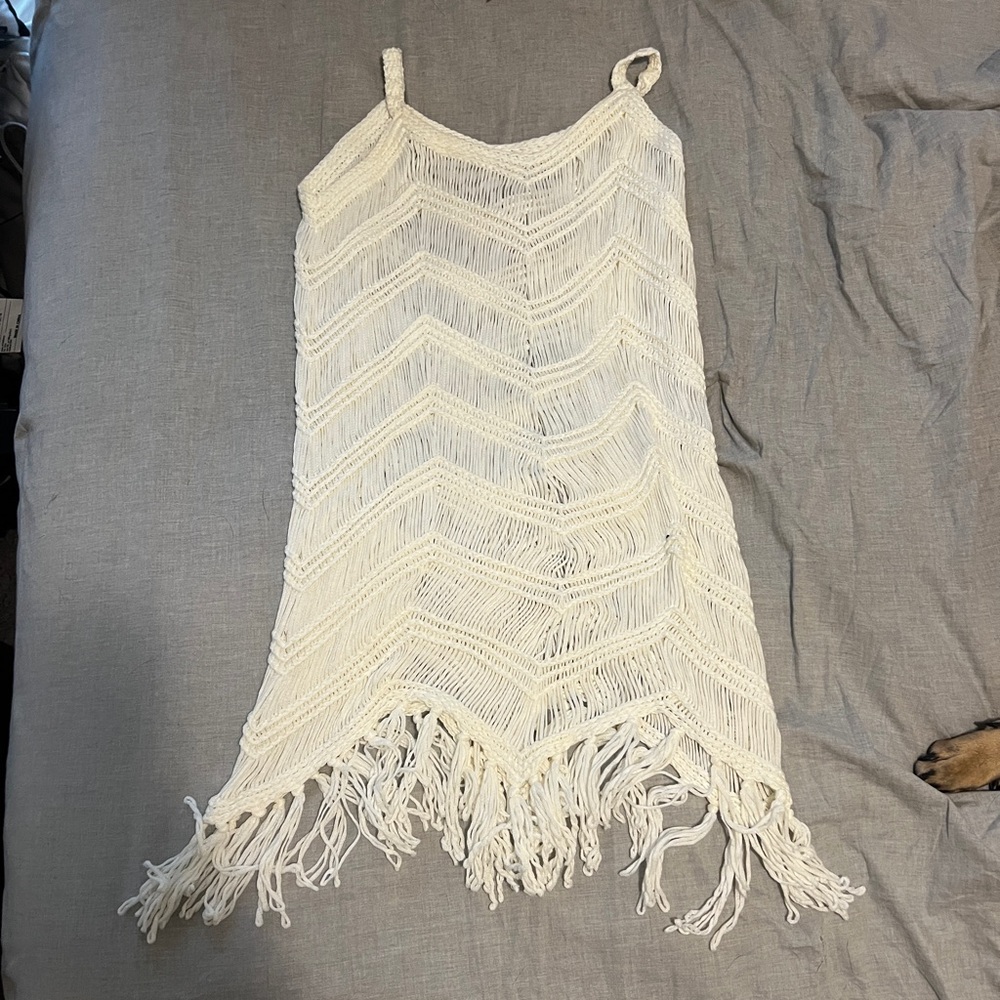 Cream Fringe Knit Beach Coverup